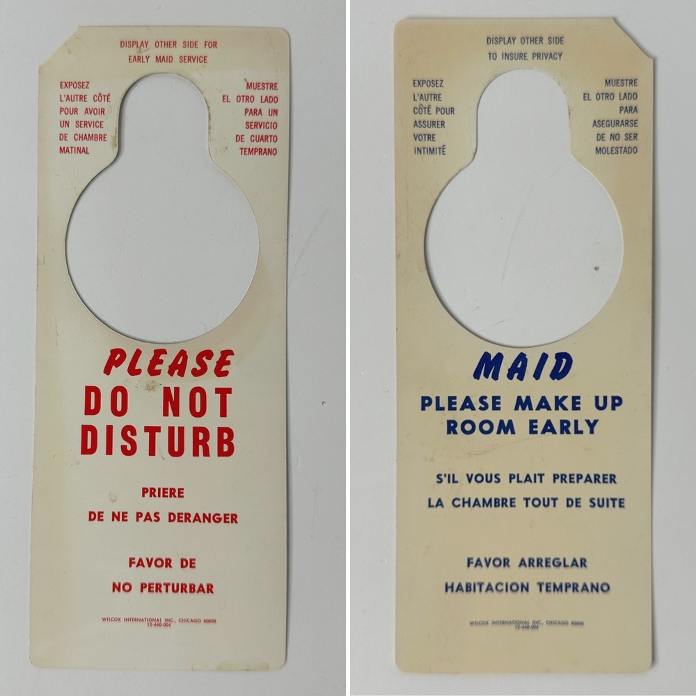 Vintage Wilcox International Hotel Door Hanger Do Not Disturb Maid Service Sign